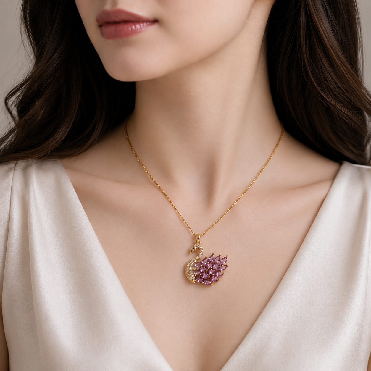 Purple Crystal Swan Pendant Necklace – Gold Necklace for Women | Vionmart