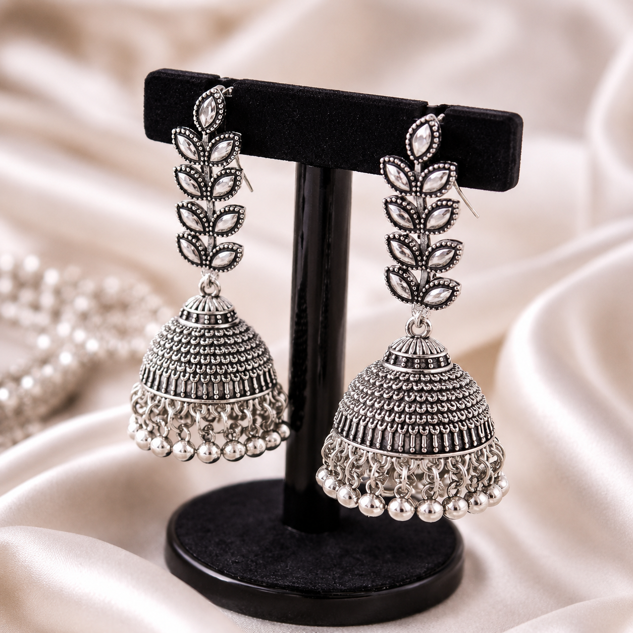 Oxidized Silver Jhumka Earrings – Leaf Design Dangler Earrings | Vionmart
