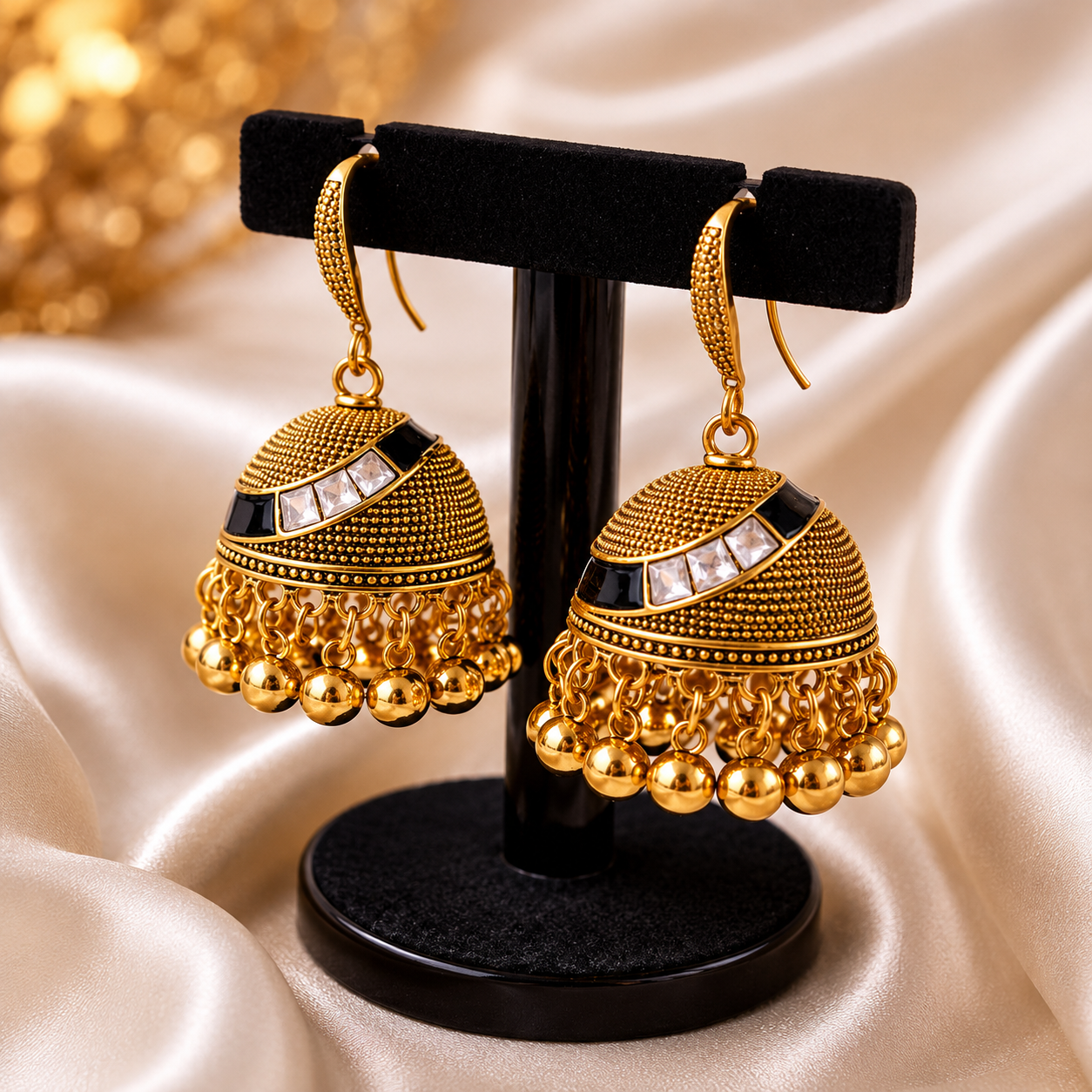 Antique Gold Jhumka Earrings – Black Enamel Dangler Earrings | Vionmart