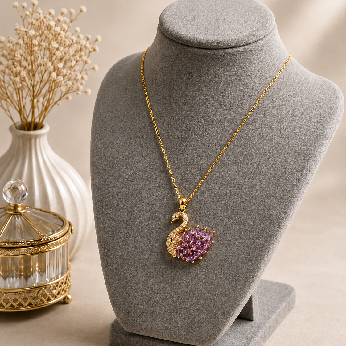 Purple Crystal Swan Pendant Necklace – Gold Necklace for Women | Vionmart
