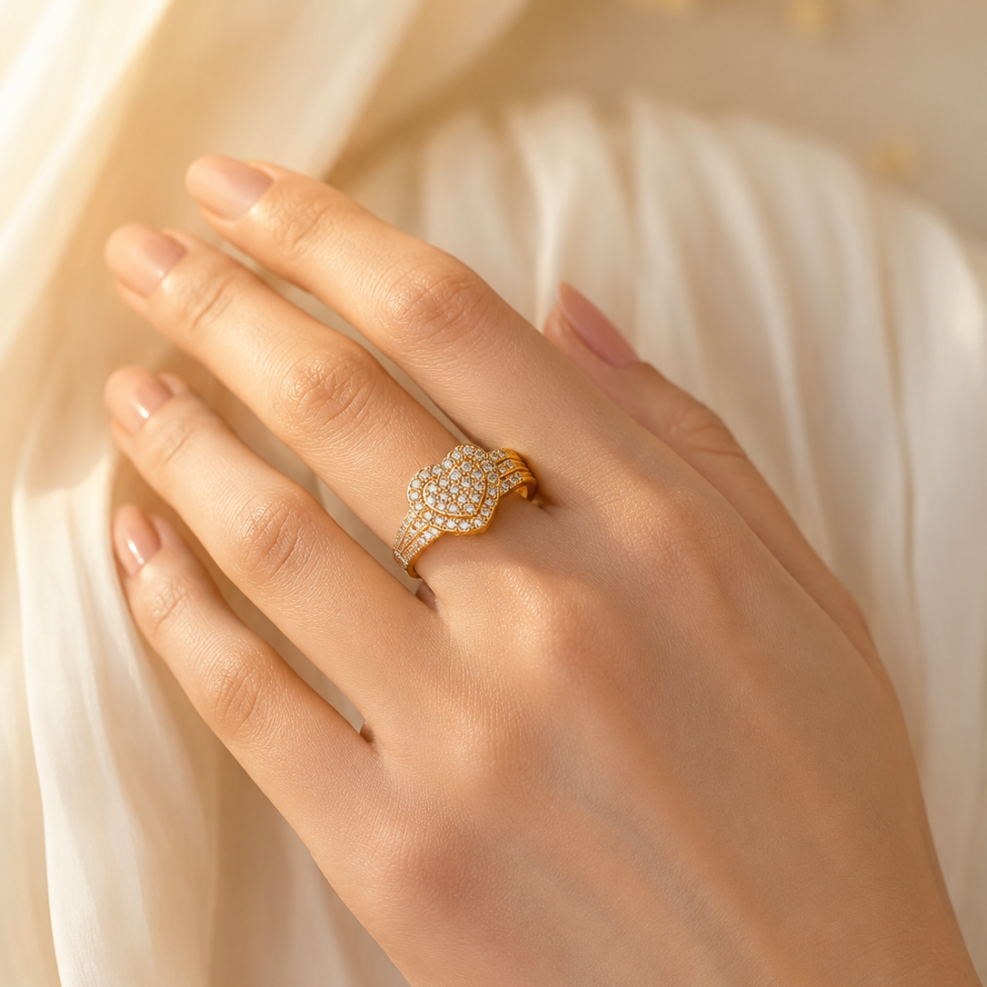Sparkling Crystal Heart Ring in Gold – Elegant Pavé Diamond Promise Ring