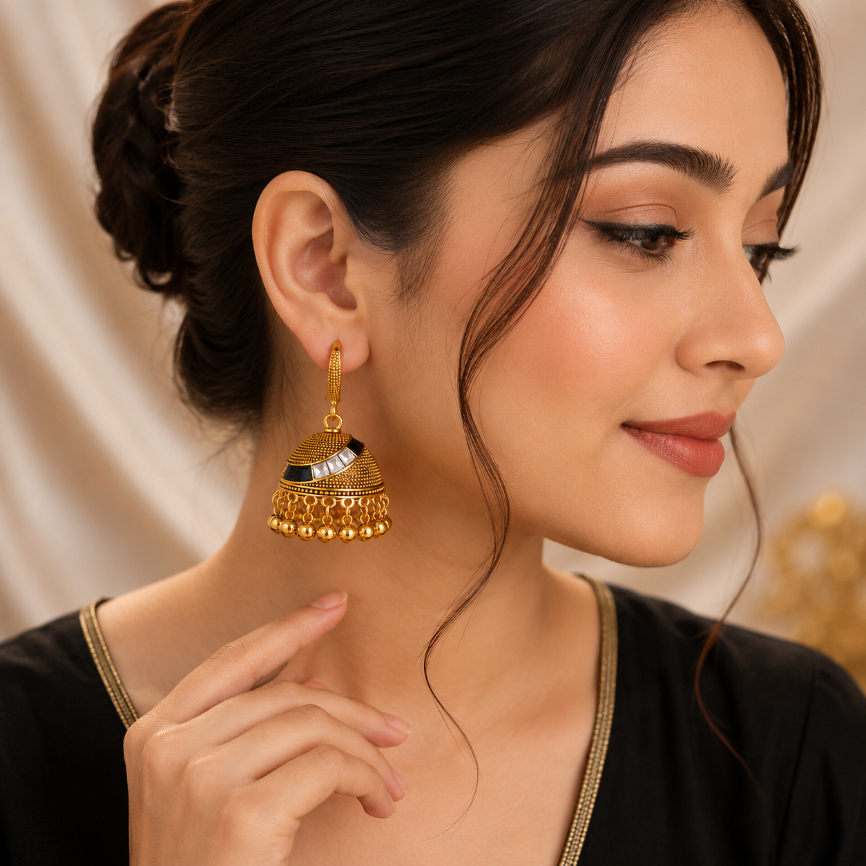 Antique Gold Jhumka Earrings – Black Enamel Dangler Earrings | Vionmart