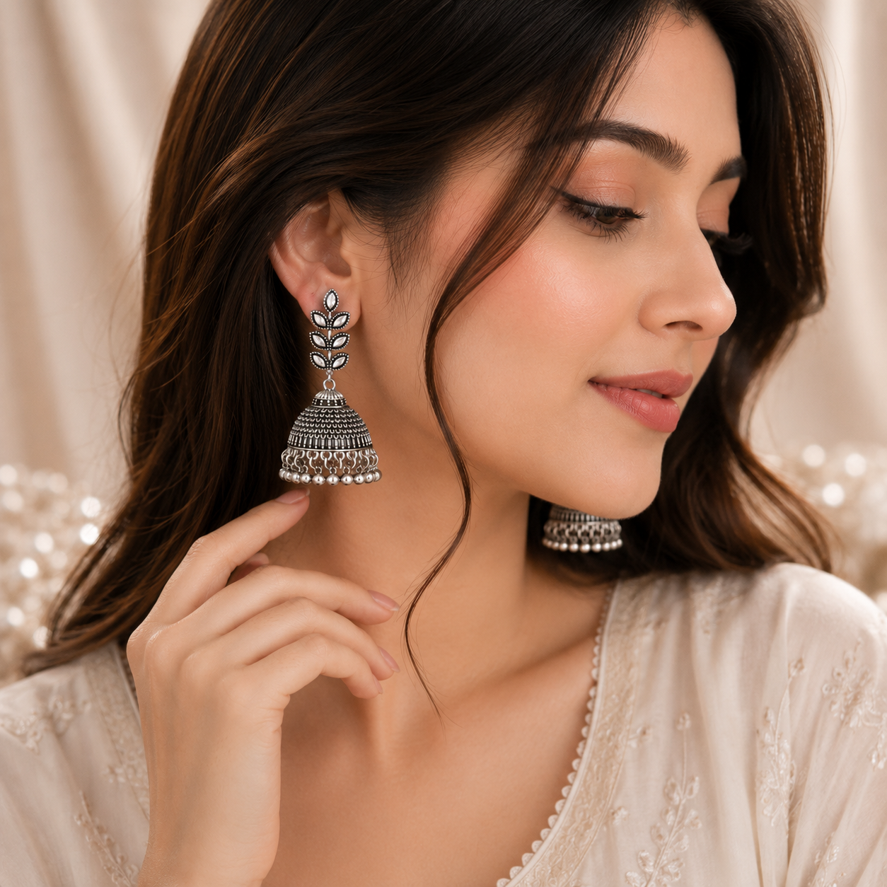 Oxidized Silver Jhumka Earrings – Leaf Design Dangler Earrings | Vionmart