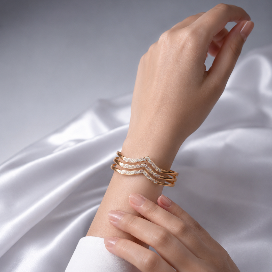 Luxury Gold Stacked Chevron Bangles | Pave Crystal V-Shape Hinged Bracelets