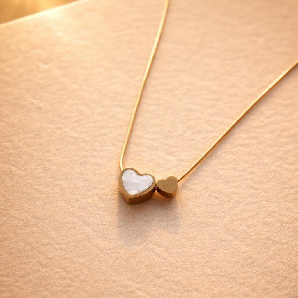 Dainty Double Heart Pendant Necklace – Pearl Layered Heart Choker