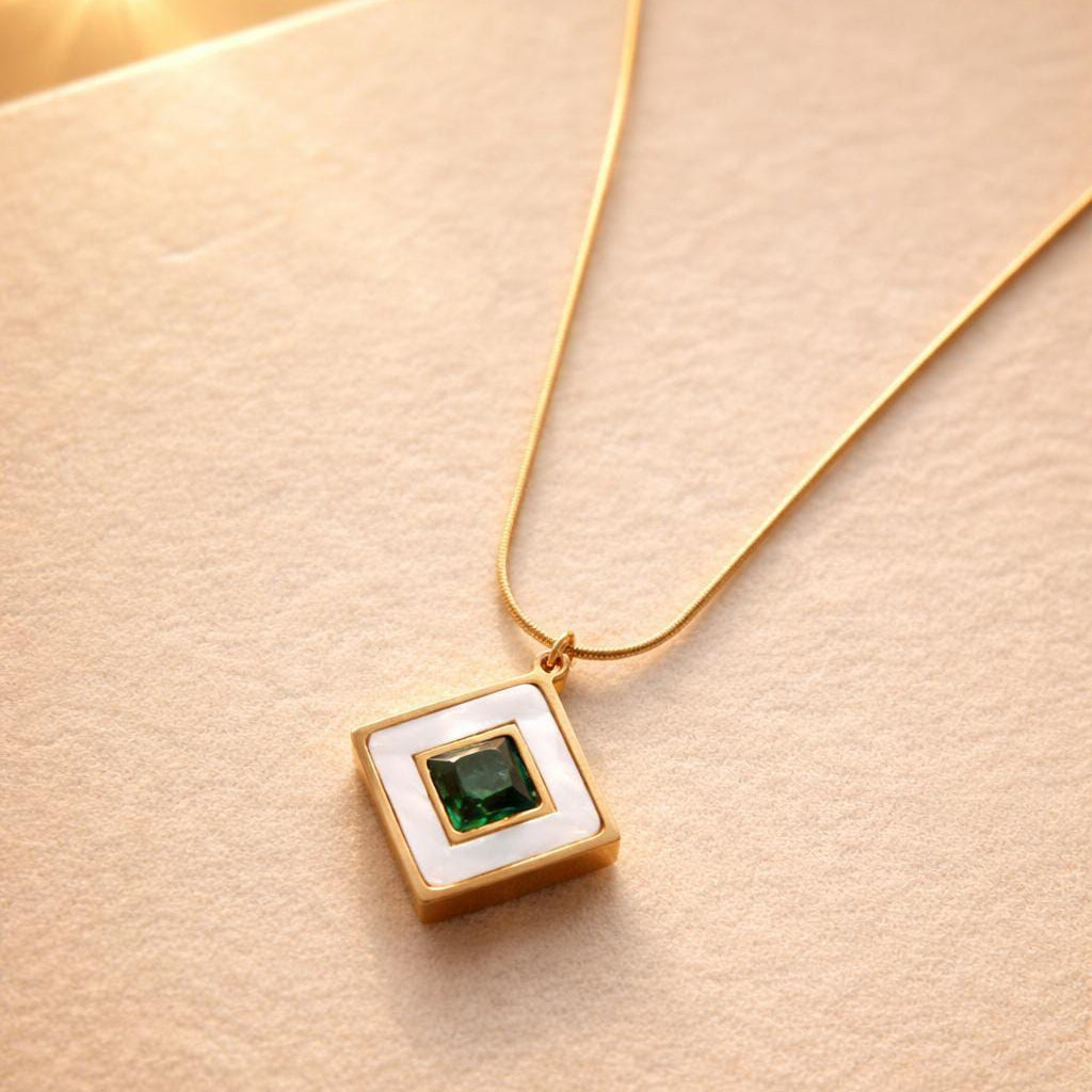Emerald Square Pendant Necklace – Gold Snake Chain Necklace | Vionmart