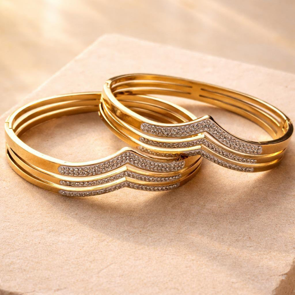 Luxury Gold Stacked Chevron Bangles | Pave Crystal V-Shape Hinged Bracelets