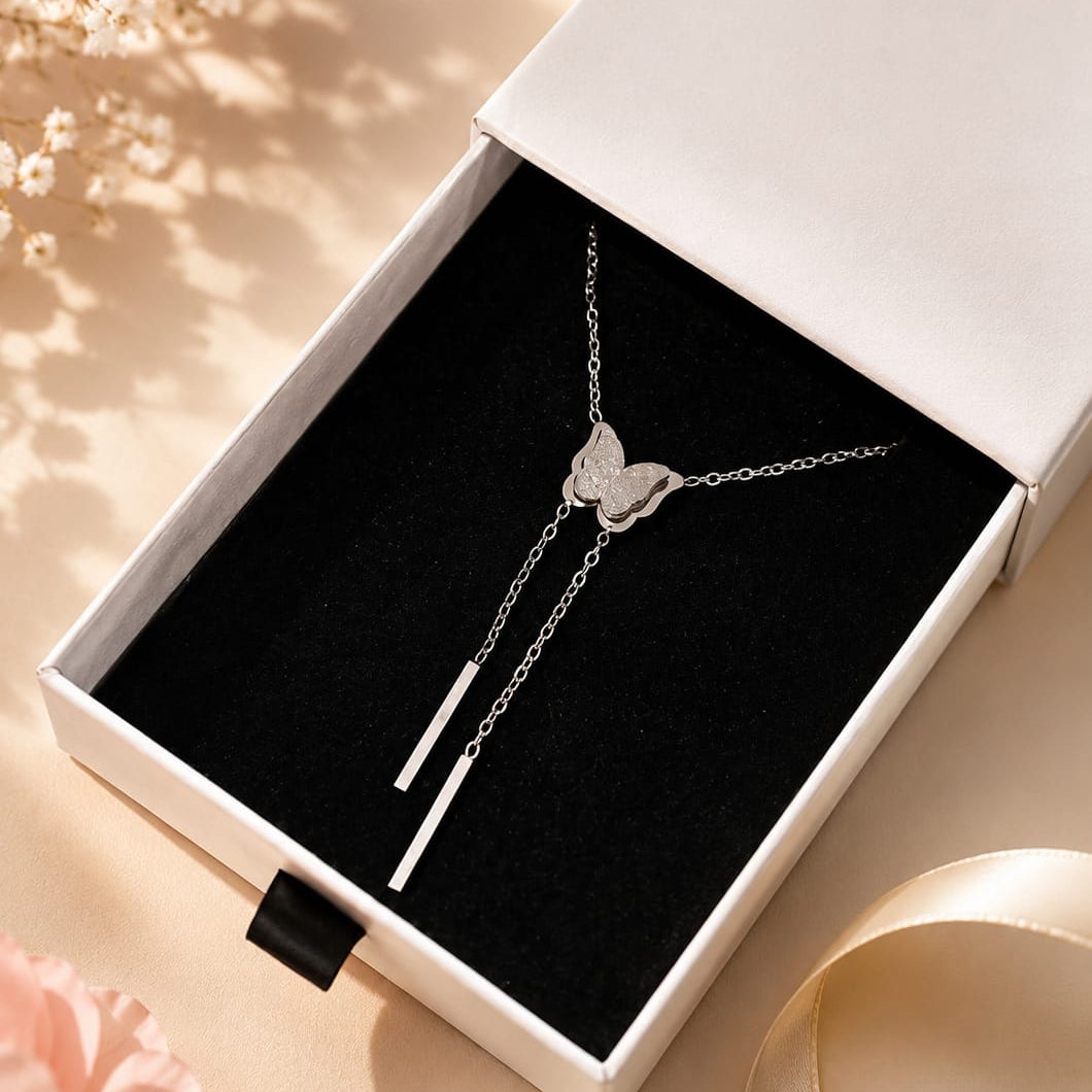 Dainty Silver Butterfly Y-Drop Necklace | Elegant Shimmer Butterfly Bar Pendant