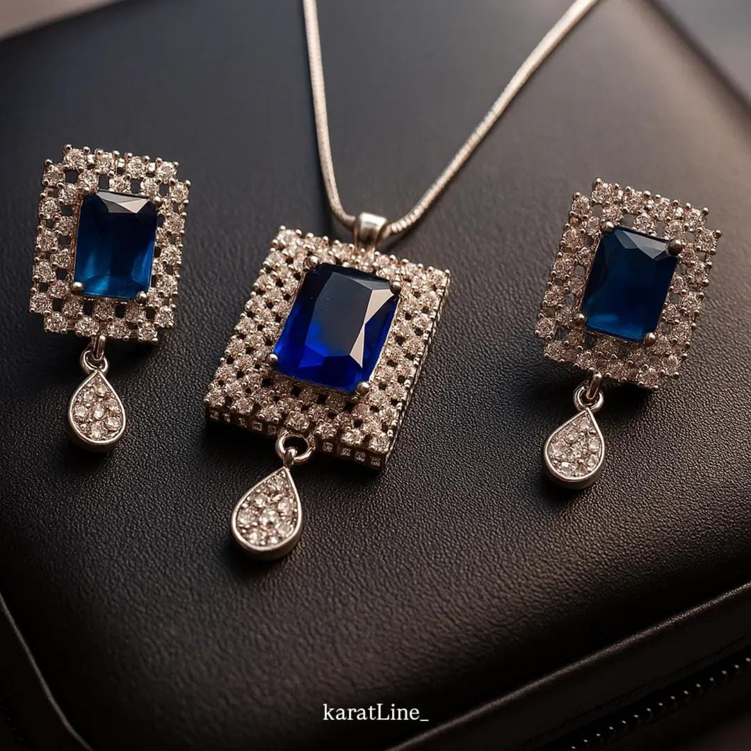 Royal Blue Crystal Pendant Necklace and Earrings Jewelry Set | Silver Halo Jewelry