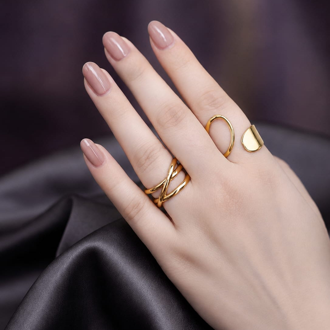 Minimalist Gold Abstract Rings | Adjustable Leaf, Wave, & Teardrop Geometric Bands